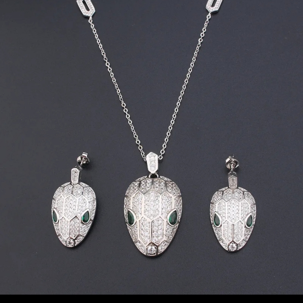 Luxury Sterling Silver 925 Snake Head Set, Necklace and Earings